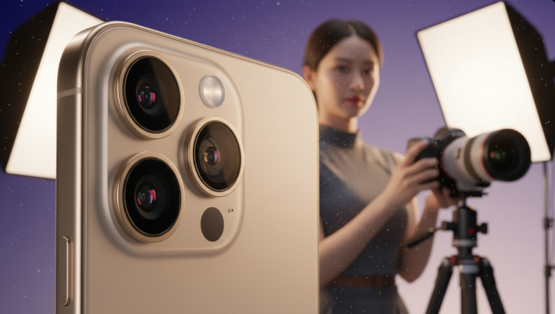 가변 조리개 렌즈가 탑재된 아이폰18 카메라 모듈. 상상 이미지