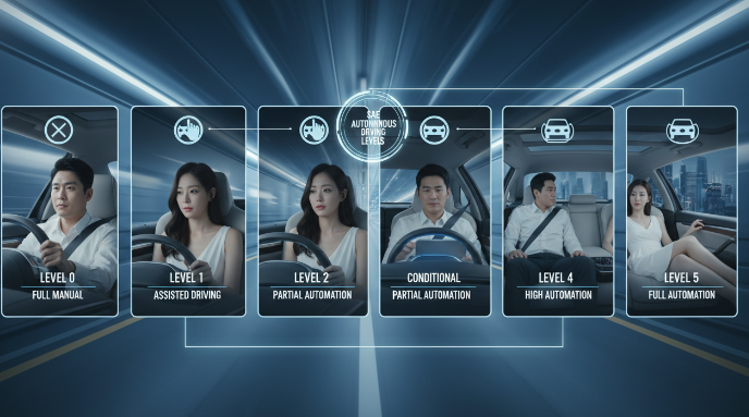 자율주행 레벨 0부터 5까지의 단계별 특징을 설명하는 인포그래픽
