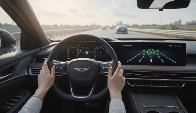 고속도로를 주행 중인 차량 내부에서 바라본 운전석 시점, 계기판에 활성화된 주행 보조 아이콘