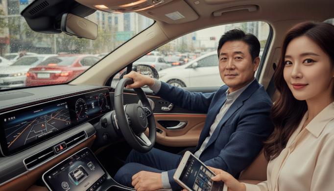 꽉 막힌 도심 도로에서 스마트 크루즈 컨트롤 기능을 사용하며 편안해하는 운전자의 모습