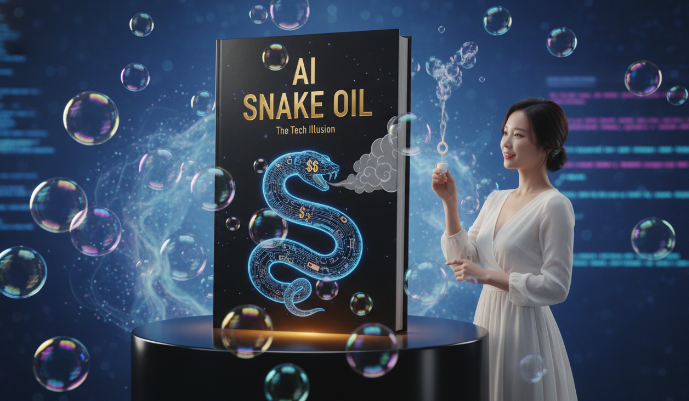 책 'AI 버블이 온다' 표지와 복잡한 IT 시장의 거품을 상징하는 일러스트