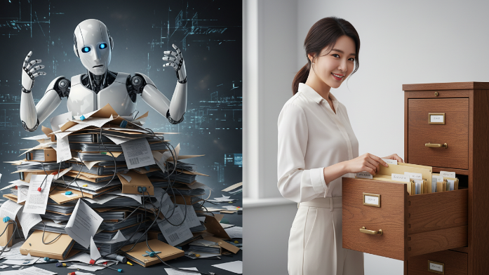 방대한 데이터 속에서 정확한 정보를 찾지 못해 헤매는 로봇과 정돈된 서랍장의 대비