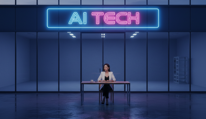 화려한 간판을 달고 있지만 내부는 텅 비어 있는 스타트업 사무실의 풍자적 이미지