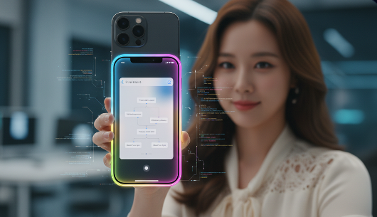 아이폰 화면에서 시리가 복잡한 명령을 수행하는 모습, 구글 로고 없이 애플 고유의 디자인 언어가 적용된 UI