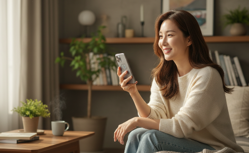 사용자가 소파에 앉아 아이폰과 자연스럽게 대화하는 라이프스타일 컷, 화면에는 깔끔한 시리 인터페이스