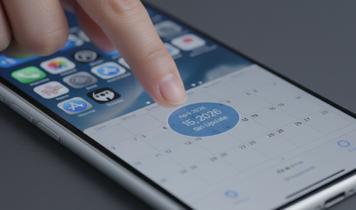 캘린더 앱에 2026년 봄 업데이트 일정을 표시하는 손가락, 배경에는 흐릿한 iOS 업데이트 화면