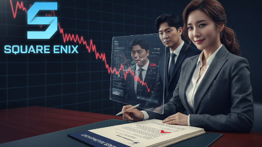 스퀘어에닉스 본사 로고와 함께 주가가 하락하는 그래프, 그 위에 100페이지 분량의 보고서가 놓여 있는 합성 이미지
