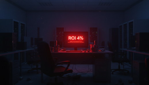 텅 빈 게임 개발실 모니터 화면에 붉은색으로 'ROI 4%'라는 경고 문구가 떠 있는 연출 사진