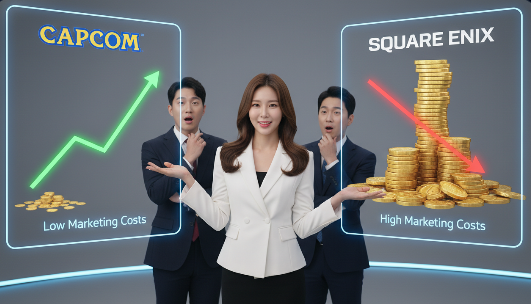 캡콤의 로고가 있는 상승하는 그래프와 스퀘어에닉스 로고가 있는 하락하는 그래프가 대비되는 인포그래픽, 마케팅 비용 비교 강조