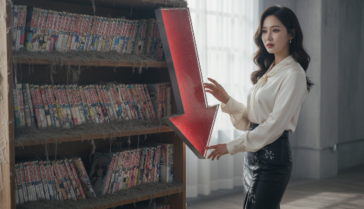 만화책들이 쌓여 있지만 먼지가 쌓여 있는 책장, 옆에는 하락하는 화살표가 그려진 이미지