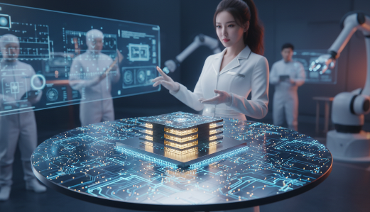 반도체 웨이퍼와 HBM이 적층된 구조를 보여주는 3D 렌더링 이미지