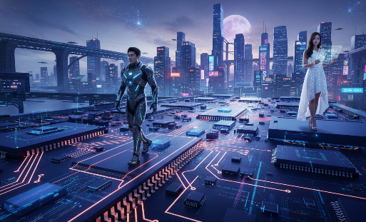 복잡한 반도체 회로도 위를 걷는 엔지니어의 모습 혹은 미래지향적인 도시 배경