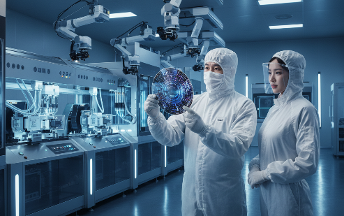 방진복을 입은 엔지니어가 반도체 웨이퍼를 검사하는 클린룸 내부 모습