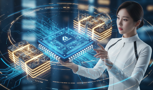 AI 인공지능 칩과 HBM 메모리가 결합되어 빛나는 미래지향적 이미지