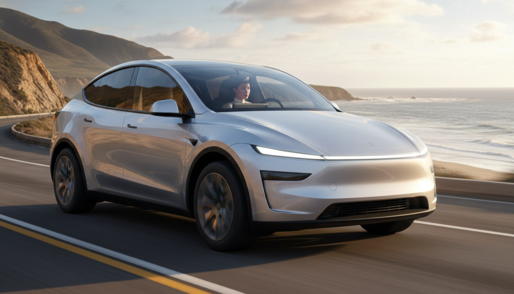 도로 위를 달리는 모델 Y L, 역동적인 주행 모습과 넓은 타이어 접지면이 강조된 앵글