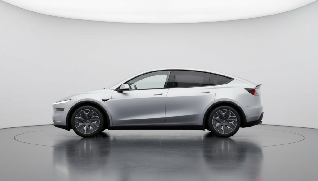 테슬라 모델 Y L의 측면 실루엣, 기존 모델보다 길어진 휠베이스와 날렵한 루프 라인이 돋보이는 모습