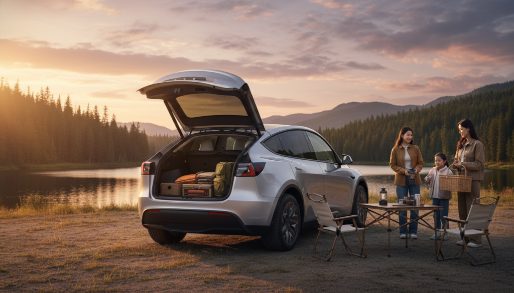 탁 트인 야외에 정차된 모델 Y L, 트렁크가 열려 있고 가족들이 캠핑을 즐기는 듯한 분위기