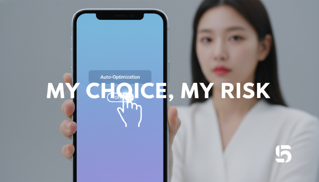 스마트폰 설정 화면 인포그래픽, '자동 최적화' 기능을 OFF로 전환하는 손가락 아이콘과 함께 'My Choice, My Rissk'라는 문구가 강조된 그래픽