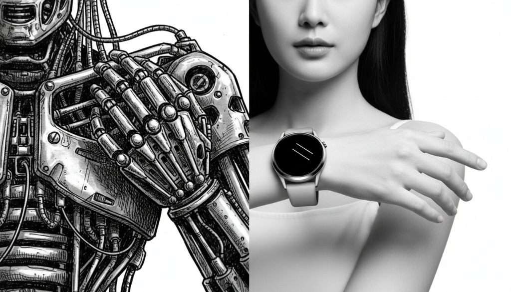 흑백 대비가 강조된 일러스트, 한쪽에는 거친 질감의 터미네이터 로봇 팔이 있고 다른 한쪽에는 매끄럽고 세련된 스마트워치가 수갑처럼 손목을 감싸고 있는 모습, 보호와 구속의 이중성을 표현