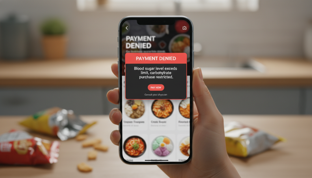 스마트폰 화면에 뜬 경고창 클로즈업, '결제 거부: 현재 혈당 수치가 기준치를 초과하여 탄수화물 구매가 제한됩니다'라는 메시지와 함께 배달 앱 결제 버튼이 비활성화된 모습