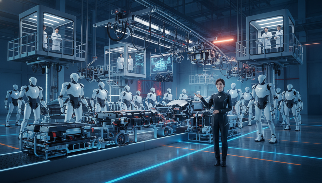 테슬라 옵티머스 로봇이 공장에서 조립 작업을 수행하는 실사풍 이미지