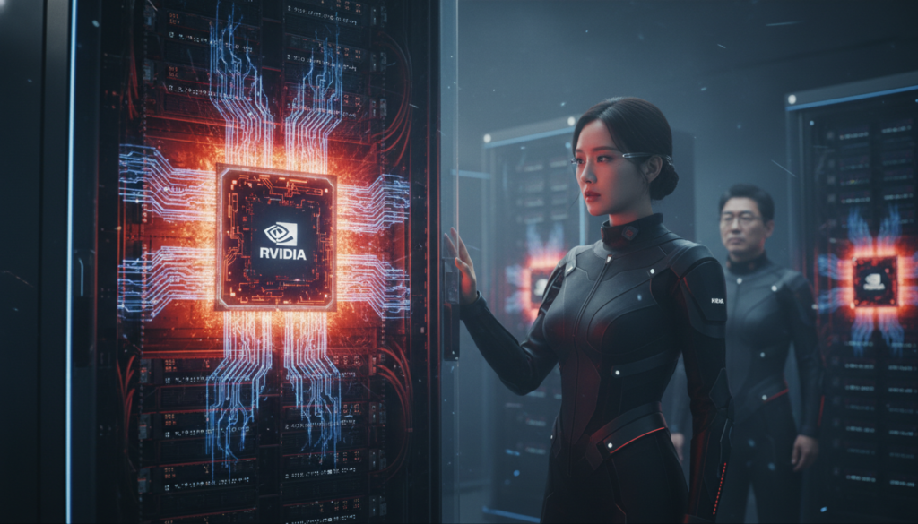 거대한 서버실과 뜨겁게 달아오른 AI 반도체 칩의 클로즈업, 전력이 흐르는 모습