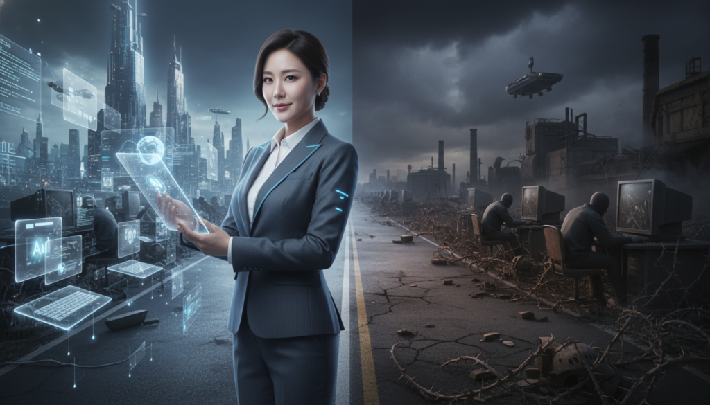 갈림길에 선 직장인, 한쪽은 AI 도구를 활용해 상승하고 다른 쪽은 멈춰있는 모습