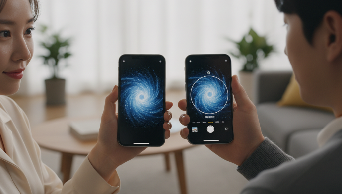 아이폰 화면에 나타난 QR 코드 스타일의 페어링 애니메이션과 카메라 인식 과정