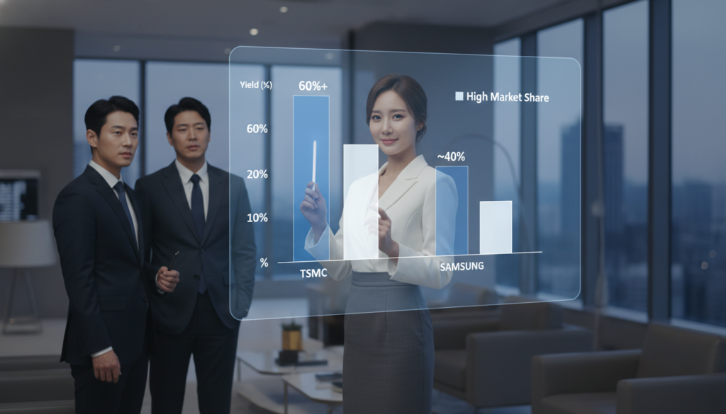 TSMC와 삼성전자의 파운드리 수율 격차 및 시장 점유율 비교 그래프