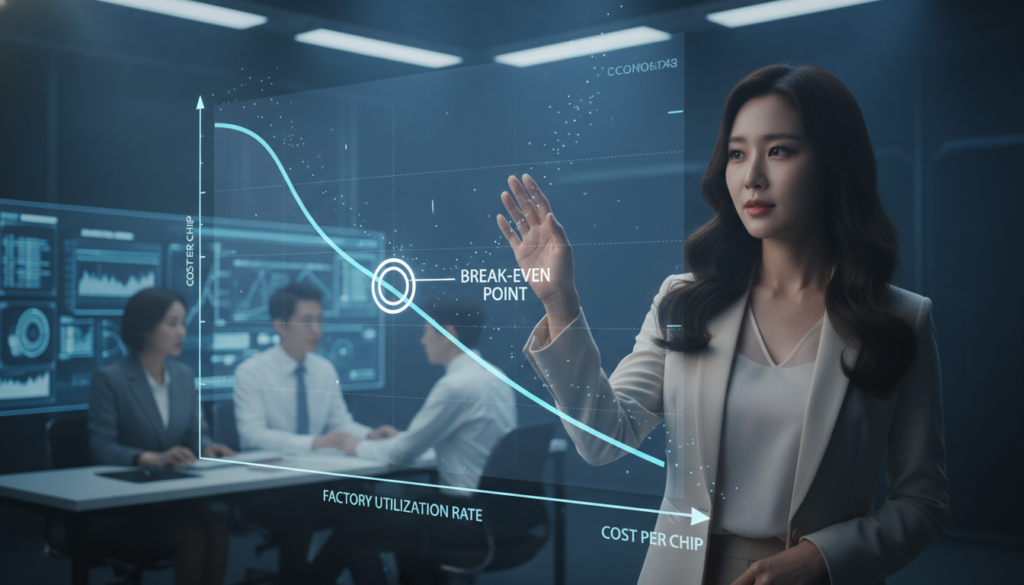 파운드리 공장의 가동률 상승에 따른 칩당 원가 하락 곡선 다이어그램