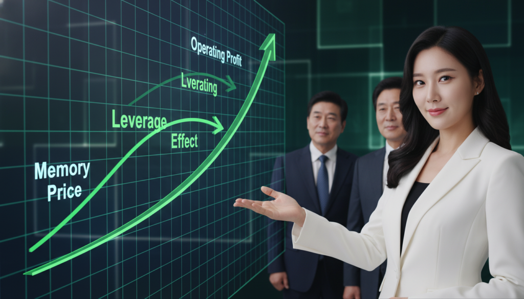메모리 가격 상승 시 영업이익이 기하급수적으로 늘어나는 레버리지 효과 차트