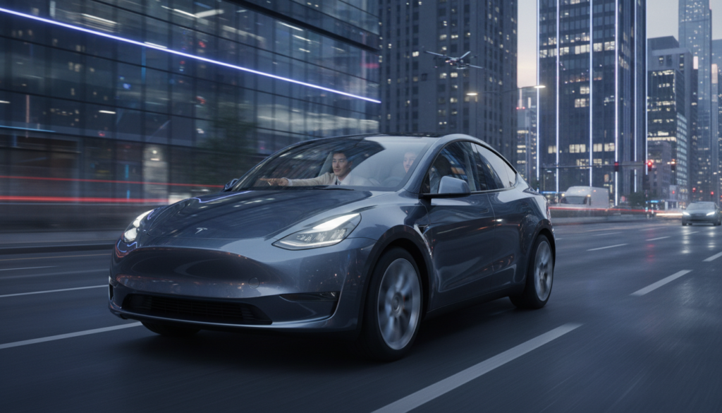 테슬라 모델Y가 도심 도로를 자율주행 모드로 주행하며 운전자가 편안하게 전방을 주시하는 모습