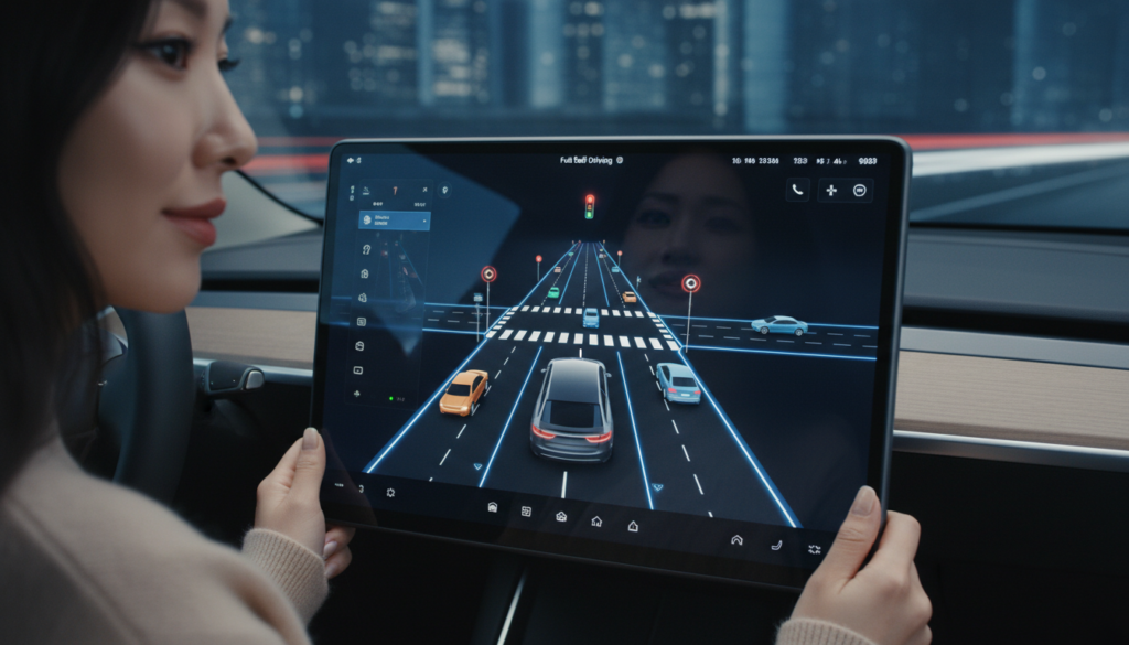 테슬라 차량의 내부 디스플레이에 주변 차량, 차선, 신호등이 3D 객체로 실시간 렌더링되는 FSD 화면 클로즈업