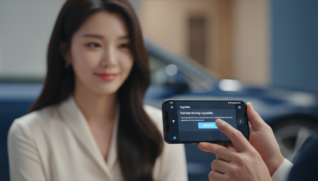 스마트폰 화면에서 테슬라 앱을 통해 FSD 구독을 활성화하는 손가락 터치 장면