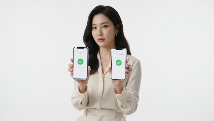  데이터 전송 완료 후 두 기기가 나란히 놓여 있는 모습과 완료 메시지 안내