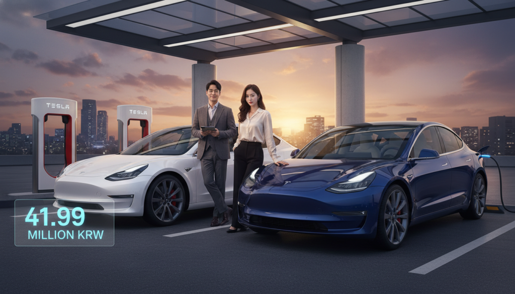모델3 스탠다드와 롱레인지 후륜 모델이 나란히 주행하거나 충전소에 정차해 있는 모습, 4199만원이라는 가격 태그가 강조된 그래픽