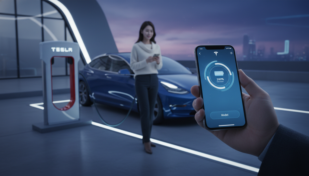 테슬라 슈퍼차저 스테이션에서 모델3가 충전 중인 모습, 스마트폰 앱으로 차량 상태를 확인하는 사용자의 손 클로즈업
