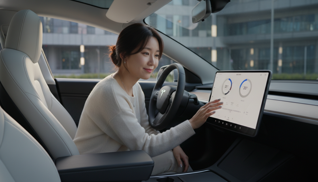 모델3 내부 인테리어, 직물 시트와 심플한 대시보드, 통풍 시트 버튼이 없는 화면 인터페이스를 보여주는 디테일 샷