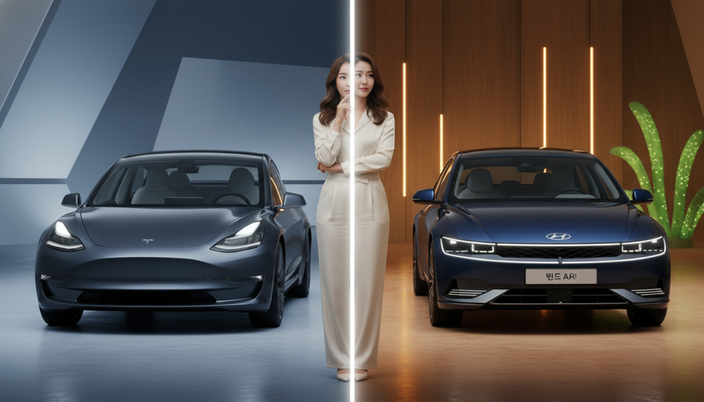 모델3와 아이오닉6가 대비되는 구도로 배치된 비교 이미지, 소비자가 고민하는 듯한 뒷모습