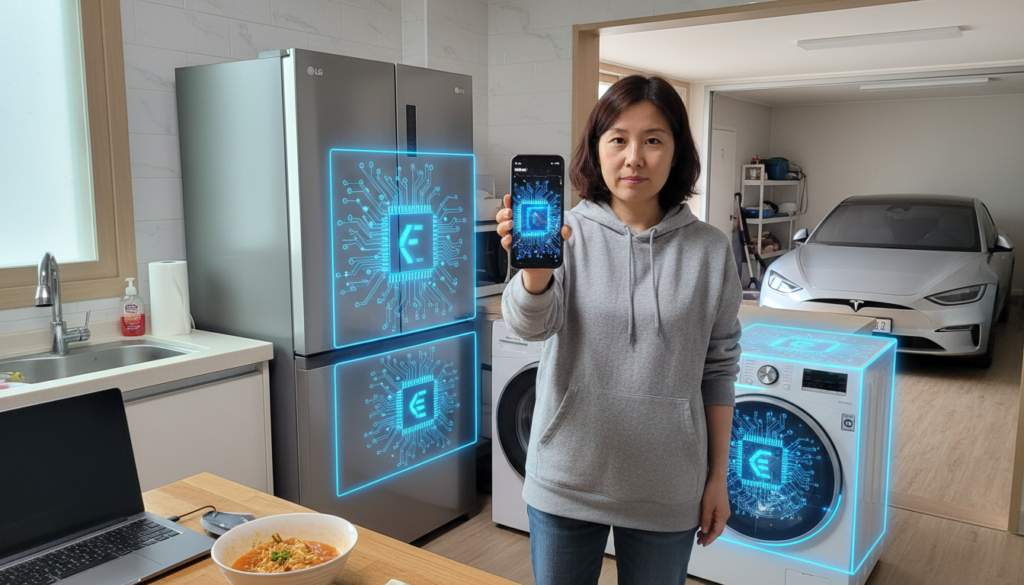 냉장고, 세탁기, 전기차 등 다양한 가전제품 내부 회로 기판에 중국산 반도체 칩이 박혀 있는 모습을 투시한 이미지