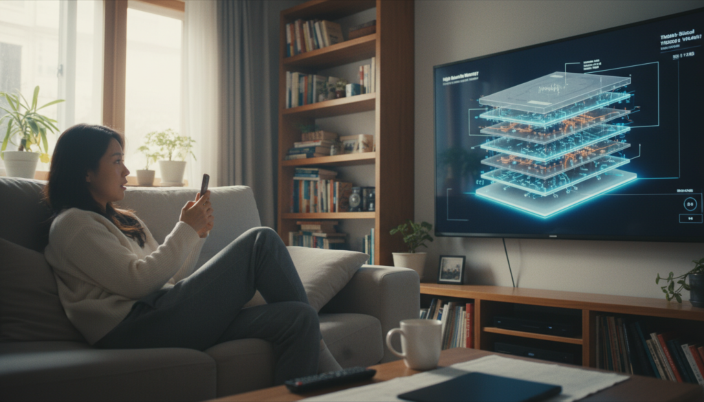 여러 층으로 쌓인 HBM 반도체 칩 구조를 3D 단면도로 시각화하여 복잡한 패키징 기술을 강조한 이미지