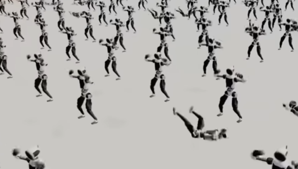 가상 공간에서 수천 대의 로봇이 시뮬레이션을 통해 학습하는 데이터 시각화 화면