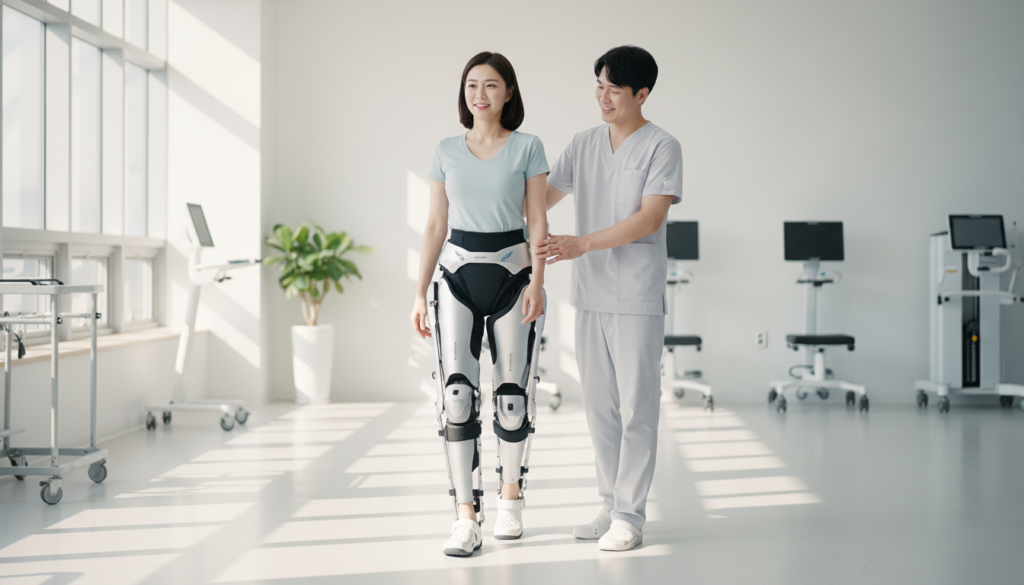 하반신 마비 환자가 엑스블 멕스를 착용하고 재활 훈련을 하는 모습