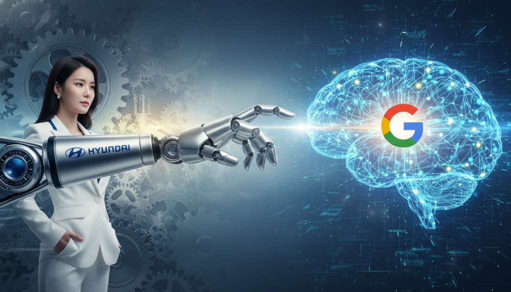 현대차 로봇과 구글 로고가 겹쳐지거나 협업을 상징하는 추상적인 이미지