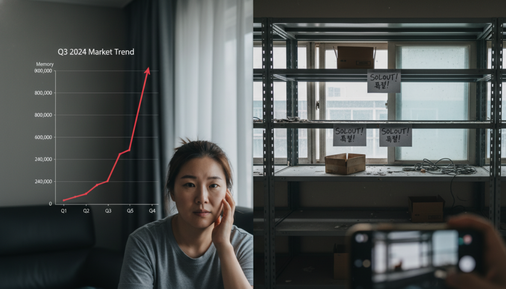 급격하게 상승하는 메모리 가격 그래프와 텅 빈 용산 전자상가 매대