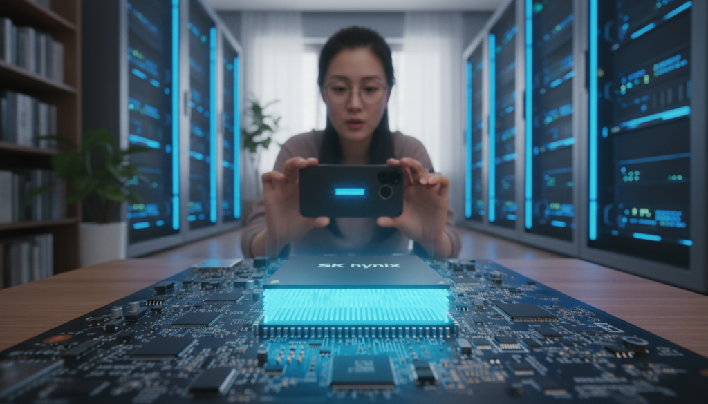 미래지향적인 데이터 센터 내부와 빛나는 HBM 메모리 모듈 클로즈업