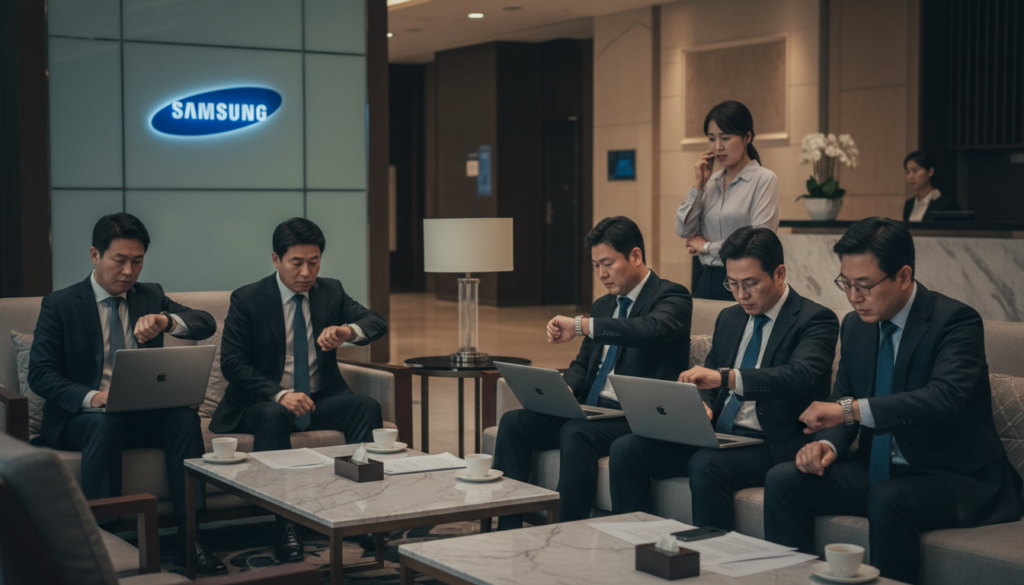 평택 호텔 로비에서 초조하게 기다리는 외국인 비즈니스맨들의 모습과 삼성전자 로고가 보이는 배경