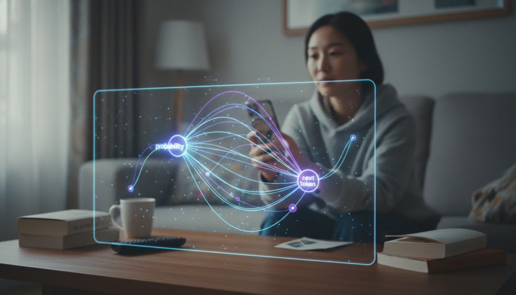 AI 모델이 확률적으로 단어를 조합하는 복잡한 신경망 구조를 시각화한 이미지