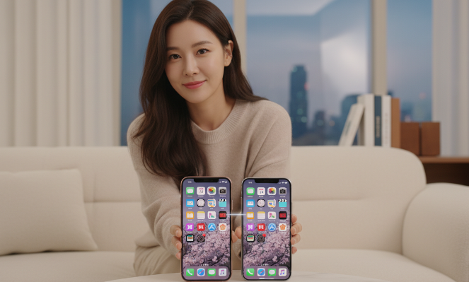 설정이 완료된 아이폰의 홈 화면과 데이터가 정상적으로 옮겨진 앱들의 목록