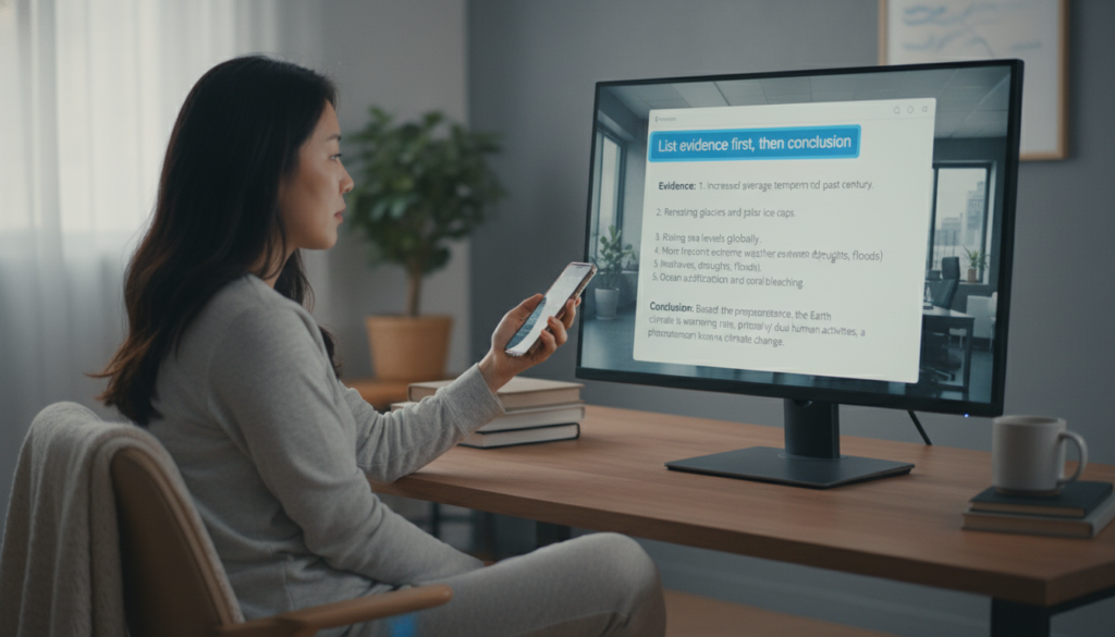 프롬프트 입력창에 '근거 우선, 결론 나중' 규칙을 적용하는 예시 화면